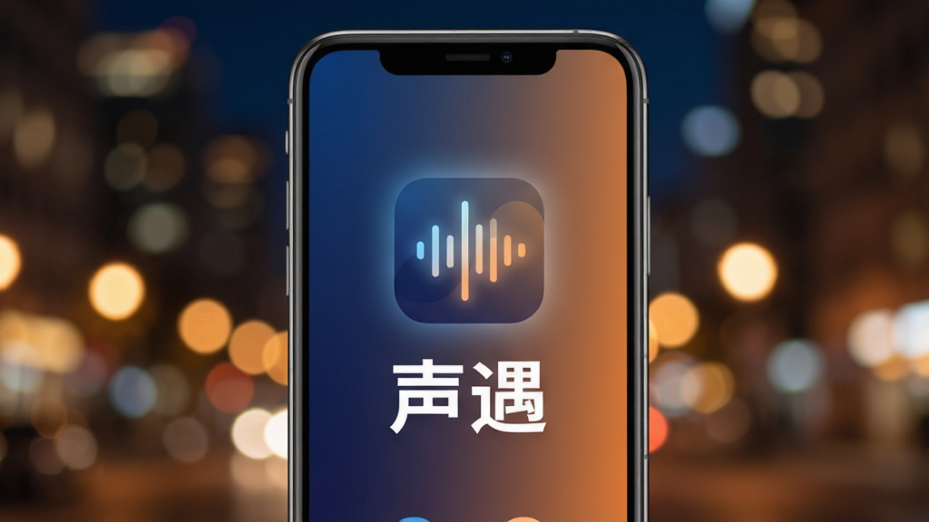 整体画面为一部智能手机屏幕特写,屏幕中央显示“声遇”App的启动界面,界面采用深蓝与暖橙渐变配色,中心位置有一个发光的声波图标,图标下方用白色粗体字写着“声遇”,手机背景是柔和的虚化城市夜景,暖色调灯光点缀,画面干净整洁,突出科技感与温暖社交氛围,高画质,细节清晰,无多余元素。