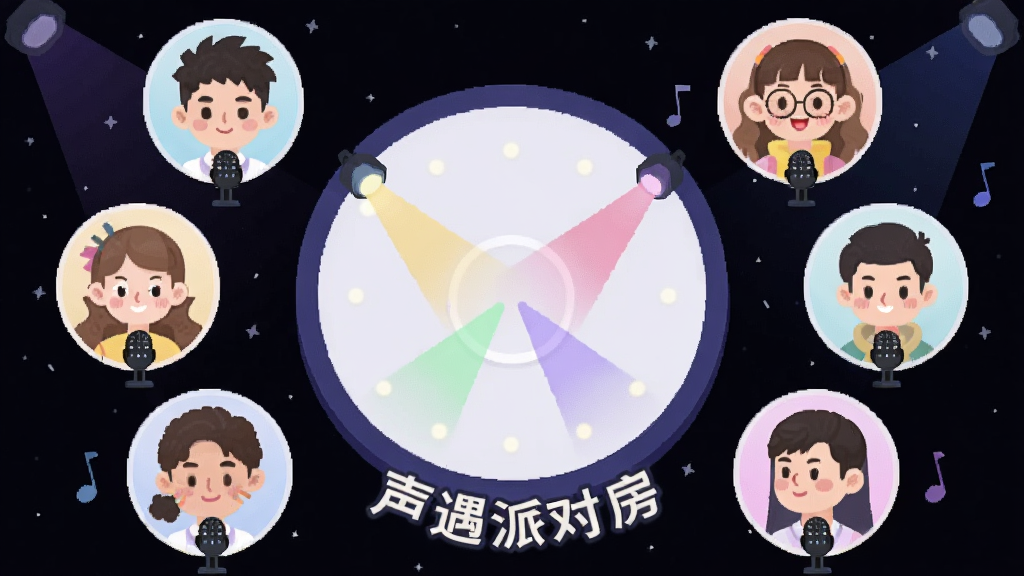 画面展示一个圆形舞台的俯视图,舞台周围环绕着八个卡通人物头像,每个头像下方都有一个麦克风图标,舞台中央有彩色灯光照射,背景是深色星空,舞台边缘用发光字体写着“声遇派对房”,整体风格为扁平化插画,色彩丰富但不过于刺眼,画面干净整洁,高画质。