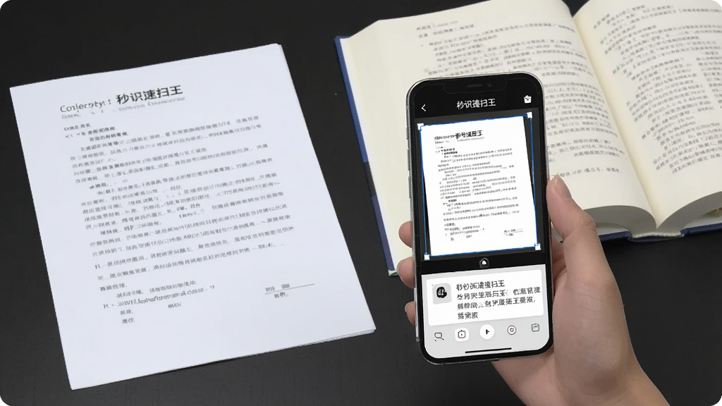 一张办公桌场景图,桌面上平铺着一份打印文档和一本打开的书,旁边有一部手机正在使用