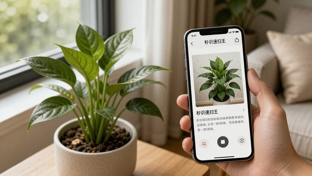 一部手机被手持着对准一盆绿色的室内植物,手机屏幕上是