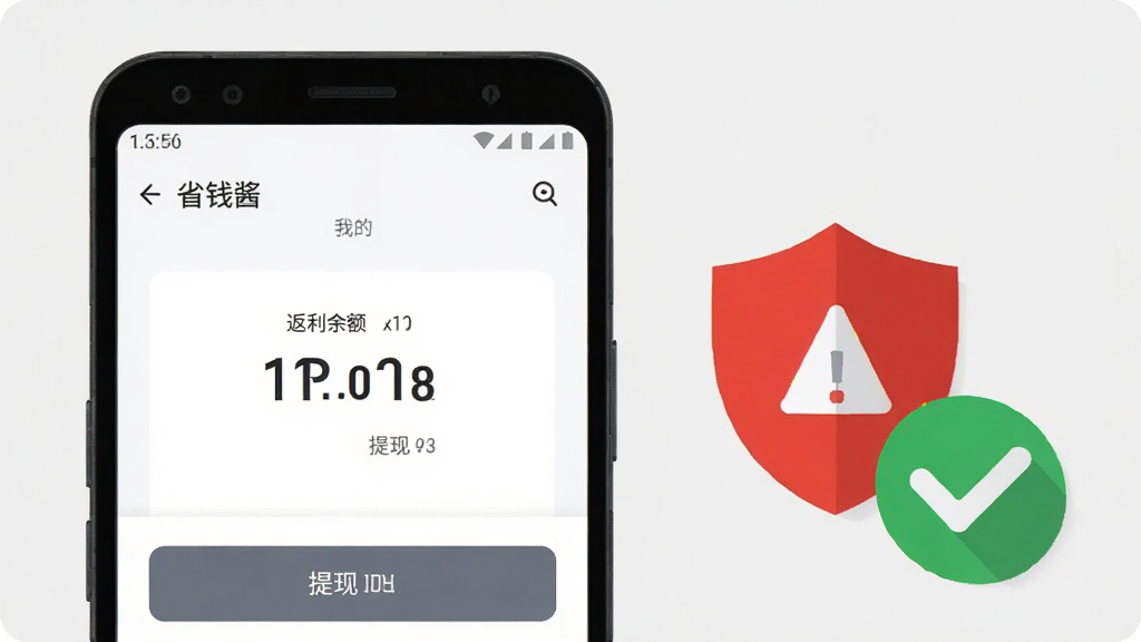 画面为一部安卓手机,屏幕上显示“省钱酱”的“我的”页面,页面中有返利余额数字和提现按钮,手机旁边有一个红色的警示盾牌图标和绿色的对勾图标,背景为浅灰色,扁平化设计风格,色彩对比清晰,画质高清,干净无多余元素
