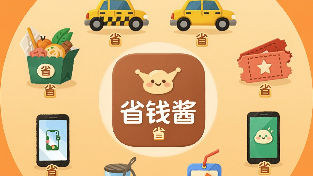 画面为一个圆形的生活消费场景集合图,中心是“省钱酱”图标,周围环绕着外卖餐盒、出租车、电影票、手机话费充值等小图标,每个图标下方有“省”字标识,背景为柔和的橙黄色调,扁平化插画风格,细节丰富,画质高清,干净无多余元素