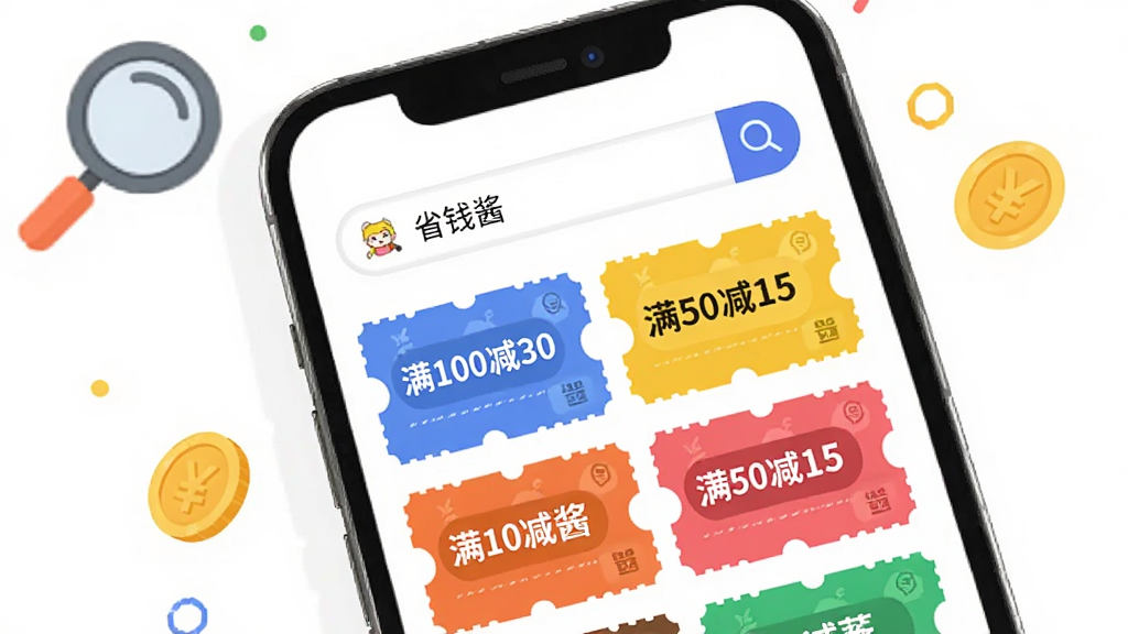 画面展示一个手机屏幕,屏幕中显示“省钱酱”搜索框,搜索框下方列出多张不同颜色的优惠券卡片,卡片上标注“满100减30”“满50减15”等字样,背景为白色简洁风格,周围有放大镜和金币图标点缀,扁平化设计风格,色彩鲜艳,画质高清,干净无多余元素