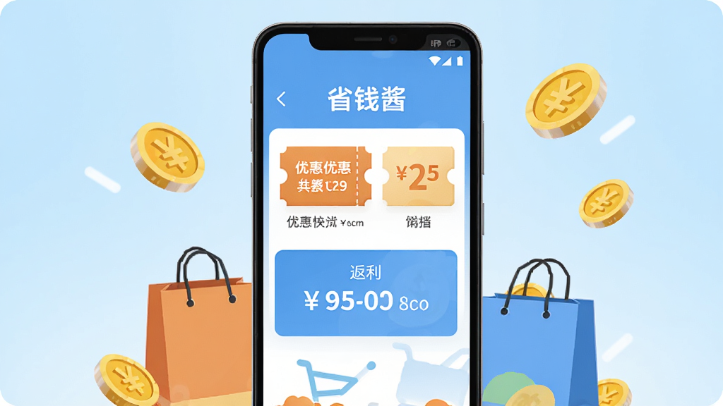 画面中央是一部安卓手机,手机屏幕上显示“省钱酱”APP的首页界面,界面中有优惠券图标和返利金额数字,手机周围散落着金币和购物袋元素,背景是干净的浅蓝色渐变,整体风格为扁平化插画,色彩明亮清新,细节清晰,画质高清,干净无多余元素