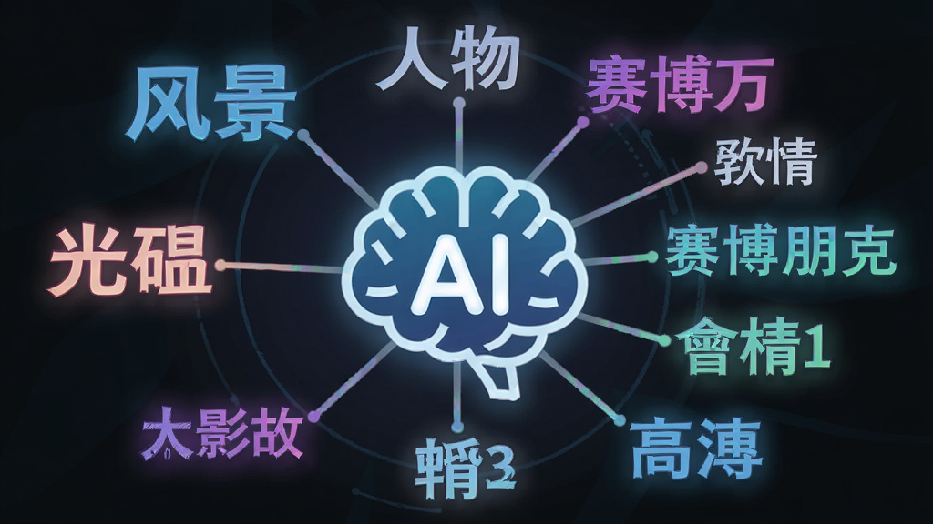 画面主体是一个发光的AI大脑图标,周围环绕着各种中文词汇如“风景”“人物”“赛博朋克”等,这些词汇通过光线连接到大脑中心,布局采用中心放射状,风格为科技感扁平插画,细节包括词汇的渐变色彩和光晕效果,画质清晰干净,无多余元素