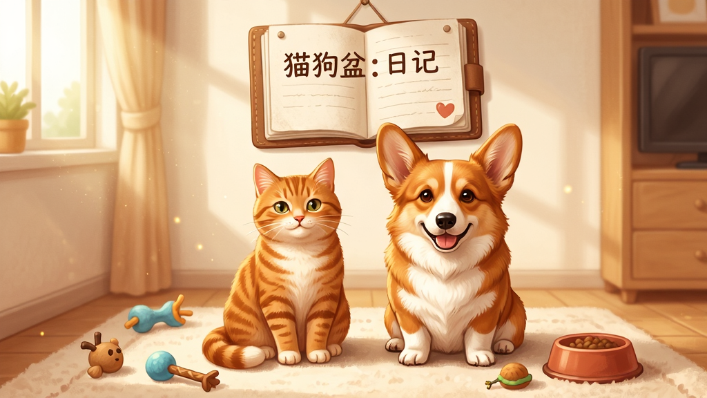猫狗盆日记软件主界面展示,画面中央是一只橘猫和一只柯基犬并排坐在温馨的客厅地毯上,周围散落着宠物玩具和食盆,背景墙上挂着一本翻开的日记本,日记本封面上写着“猫狗盆日记”五个字,整体布局采用居中构图,风格为温暖治愈系插画,细节包括宠物毛发质感、日记本纸张纹理、柔和的光线从窗户洒入,画质高清,干净,无多余元素