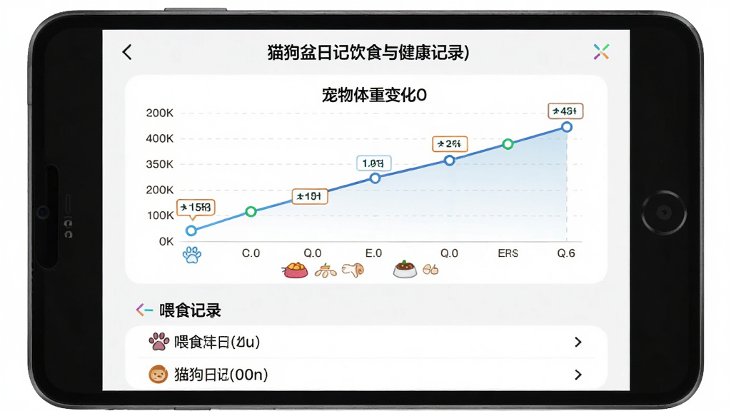 猫狗盆日记饮食与健康记录界面,画面中央是一个折线图展示宠物体重变化,下方是喂食记录列表,布局为上下结构,风格为清新简约风,细节包括图表刻度线、数据点标记、食物图标,画质高清,干净,无多余元素