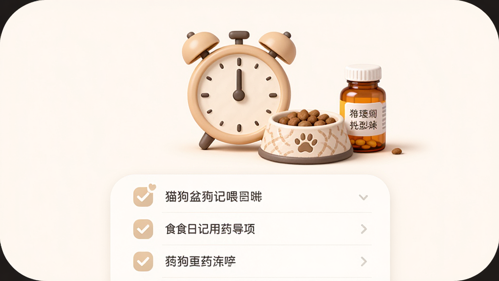 猫狗盆日记喂食与用药提醒界面,画面中央是一个闹钟图标旁边有宠物食盆和药瓶,下方是提醒事项列表,布局为居中对称,风格为柔和圆角设计,细节包括闹钟指针、食盆纹理、药瓶标签,画质高清,干净,无多余元素