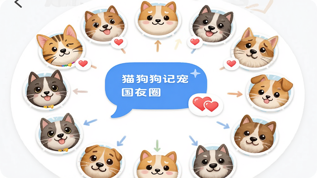 猫狗盆日记宠友圈互动交流界面,画面中多个宠物头像围成一圈,中间是对话气泡和点赞图标,布局为环形放射状,风格为活泼社交风,细节包括头像表情、气泡尾巴、点赞红心,画质高清,干净,无多余元素
