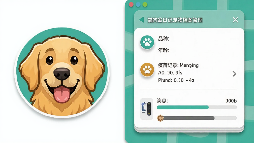猫狗盆日记宠物档案管理界面,画面左侧是一只金毛犬的卡通头像,右侧是电子档案卡片,卡片上显示品种、年龄、疫苗记录等信息,布局为左右分栏,风格为扁平化设计,细节包括卡片阴影、图标点缀、进度条展示,画质高清,干净,无多余元素