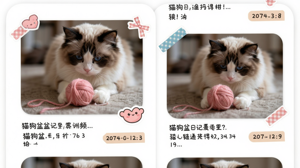 猫狗盆日记萌照与视频日记界面,画面中是一只布偶猫正在玩毛线球的照片,照片下方有文字描述和日期标签,布局为瀑布流式,风格为可爱手账风,细节包括照片圆角、贴纸装饰、时间戳,画质高清,干净,无多余元素