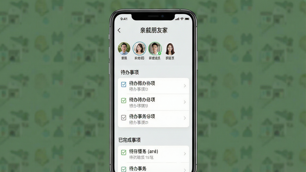 一张手机应用界面截图,屏幕内显示“亲戚朋友家”应用的家庭事务协同页面,页面中有待办事项列表和已完成事项,顶部有家庭成员头像,背景为浅灰色,风格清爽素雅,画质干净,无多余元素