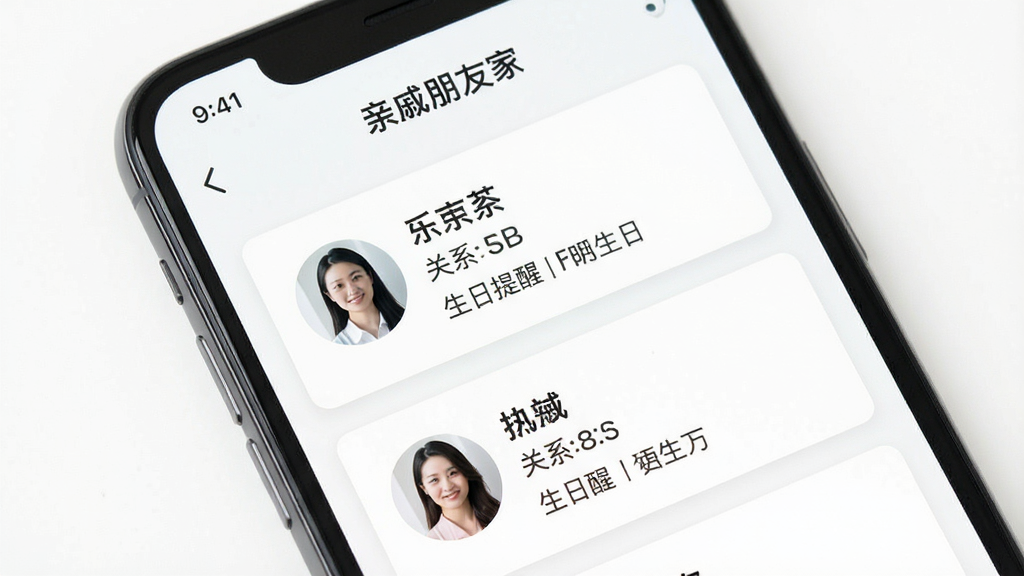 一张手机屏幕特写图,屏幕内显示“亲戚朋友家”应用的亲友信息管理页面,页面中有多个联系人卡片,每张卡片上标注了姓名、关系和生日提醒,背景为干净的白色,风格商务简约,画质清晰,无多余元素
