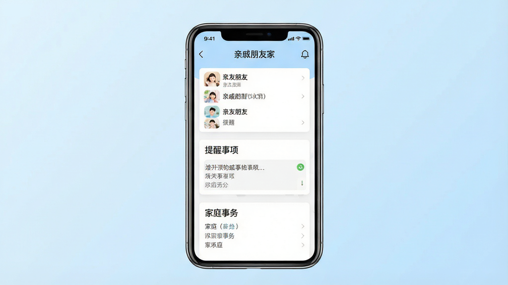 一张简洁的手机应用界面展示图,画面中央是手机屏幕,屏幕内显示“亲戚朋友家”应用的主界面,界面包含亲友列表、提醒事项和家庭事务三个模块,背景为柔和的浅蓝色渐变,风格清新简约,细节清晰,画质干净,无多余元素