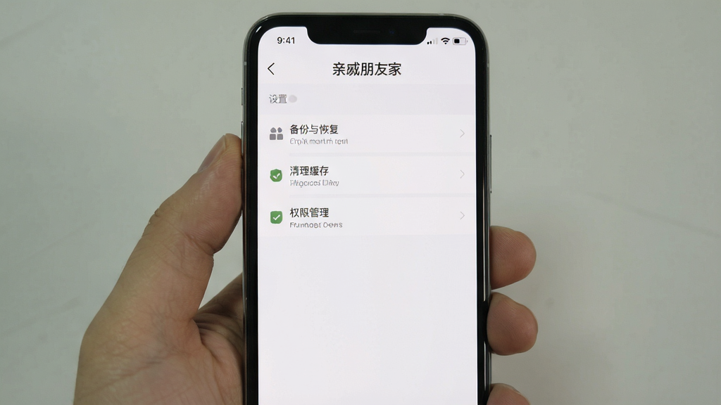 一张手机屏幕截图,展示“亲戚朋友家”应用的设置页面,页面中有备份与恢复、清理缓存、权限管理等选项,背景为白色,风格简洁实用,画质干净,无多余元素