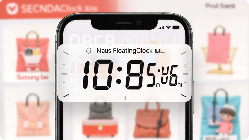 悬浮时钟FloatingClock毫秒计时界面,手机屏幕上悬浮着一个数字时钟,数字精确到毫秒不断跳动,背景是购物秒杀场景,风格简洁明快,画质高清,干净无多余元素