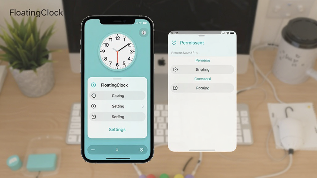 悬浮时钟FloatingClock移动端操作截图,手机屏幕显示悬浮时钟设置在桌面上方,旁边有权限设置界面,风格清新浅色,画质清晰,干净无多余元素