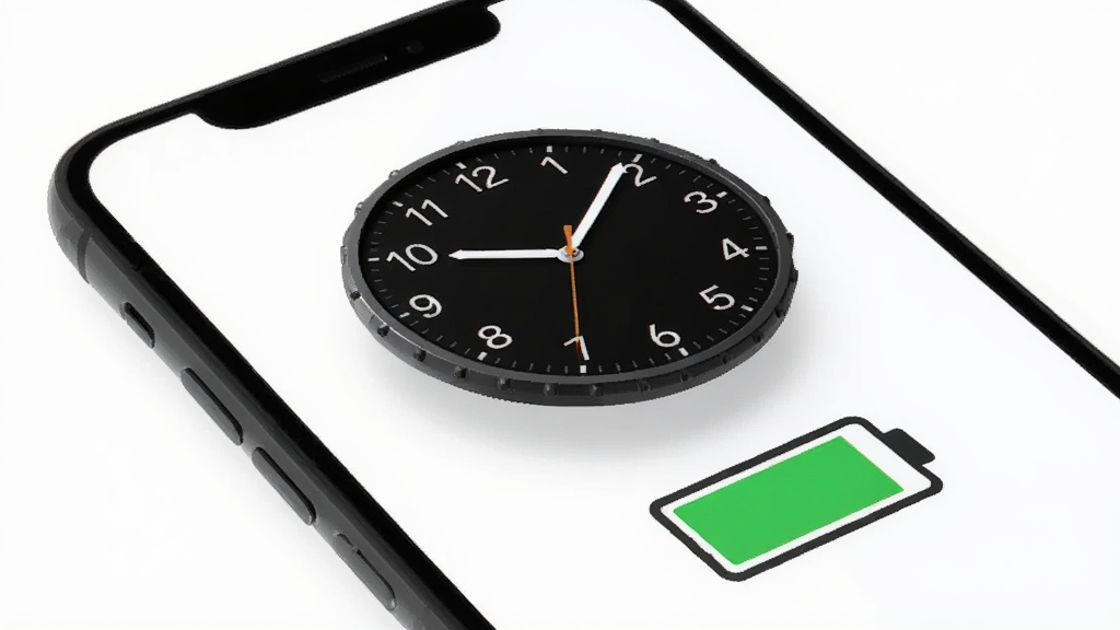 悬浮时钟FloatingClock低功耗运行示意图,手机屏幕显示悬浮时钟同时电池图标保持绿色,背景为白色,风格简约商务,画质清晰,干净无多余元素