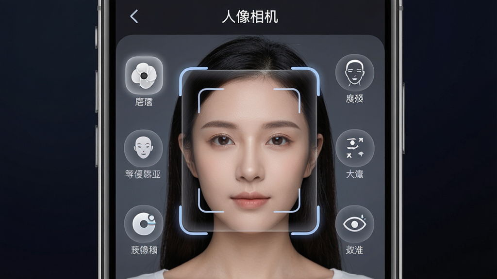 一张展示人像相机智能美颜功能的界面截图风格图片,画面主体是手机屏幕特写,屏幕上显示一位女性面部被识别框选中,周围环绕磨皮、瘦脸、大眼等参数图标,布局为手机居中、参数图标环绕面部,风格为简洁科技感UI设计,细节包括识别框线条柔和、参数图标带微光效果、背景为深色渐变,画质清晰干净无多余元素,图片中文字标注“人像相机”