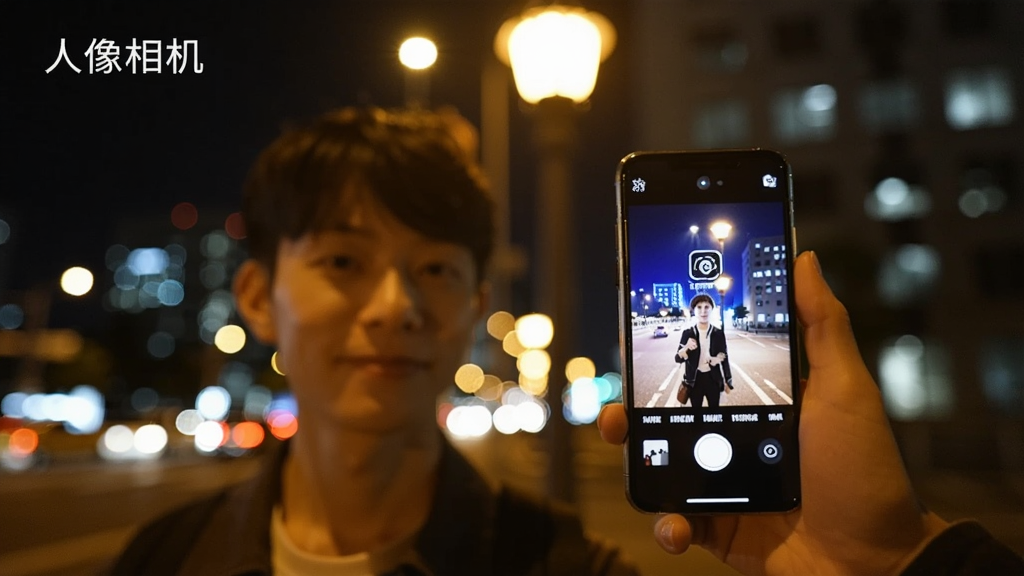 一张展示人像相机夜景拍摄效果的图片,画面为夜晚城市街道,一位人物站在路灯下,手机屏幕显示拍摄界面并带有夜景模式图标,布局为人物在左、手机在右、背景为虚化城市灯光,风格为夜景摄影风,细节包括灯光光斑、人物面部明亮、屏幕界面清晰,画质高清干净无多余元素,图片中文字标注“人像相机”