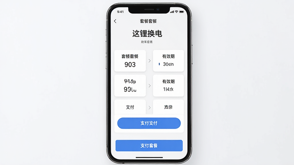 手机屏幕显示“这锂换电”套餐购买页面,主体为手机与套餐列表,布局为居中展示,风格为简洁商务风,细节包括套餐价格、有效期、支付按钮,画质清晰,干净,无多余元素