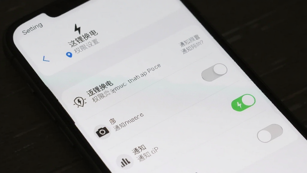 手机屏幕显示“这锂换电”权限设置界面,主体为手机与设置选项,布局为竖屏展示,风格为扁平化设计,细节包括定位、相机、通知权限开关,画质清晰,干净,无多余元素
