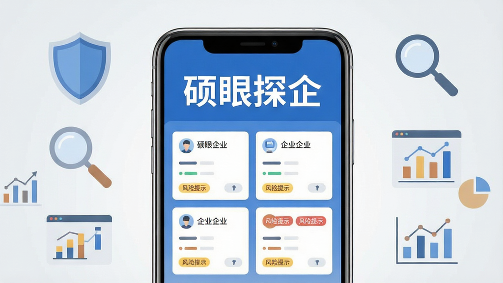 画面中央放置一部竖屏智能手机,屏幕内展示蓝色调的企业信息查询界面,界面顶部有“硕眼探企”四个白色大字,下方是整齐排列的企业卡片和风险提示标签,背景为干净浅灰渐变,四周环绕盾牌、放大镜、数据图表等扁平化图标元素,整体采用简约商务插画风格,细节清晰,画质干净,无多余元素