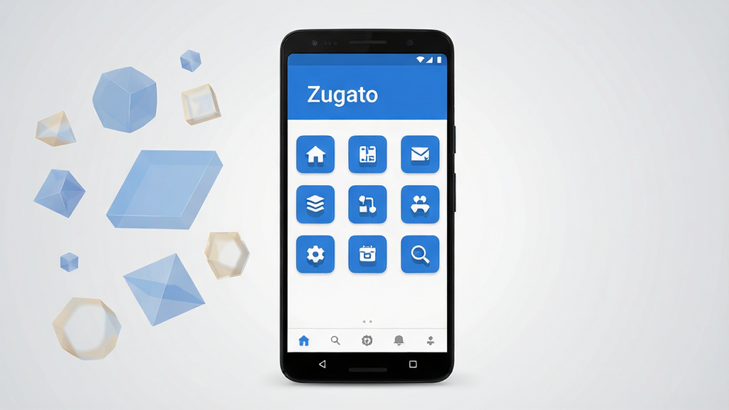 画面中央放置一部安卓手机,手机屏幕显示“Zugato”应用主界面,界面布局简洁,顶部有软件名称“Zugato”字样,中部为功能图标网格,底部为导航栏;背景为浅灰色渐变,左侧漂浮几个半透明几何图形作为装饰;整体采用扁平化UI风格,色彩以蓝白为主,细节清晰,画质干净,无多余元素,高清渲染