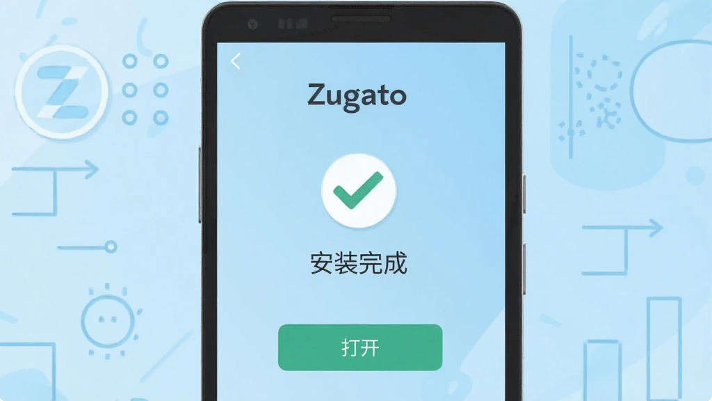 一部安卓手机屏幕显示“Zugato”安装完成界面,界面中央有对勾图标和“安装完成”字样,下方有“打开”按钮;背景为浅蓝色渐变,周围有简洁的线条装饰;风格为扁平化插画,色彩清新,画质干净,无多余元素