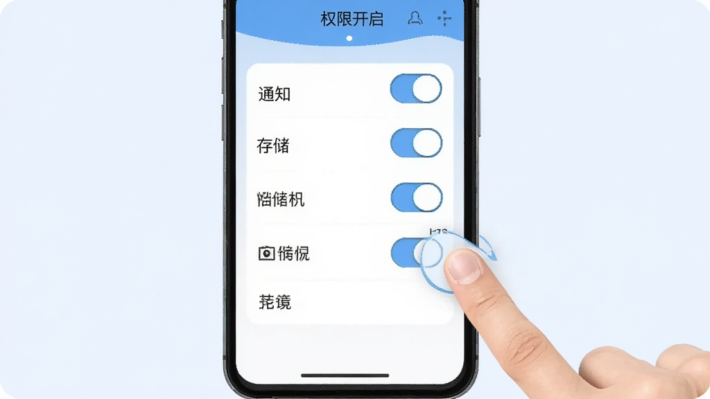 脉蓝新手设置引导界面示意图,画面中手机屏幕显示权限开启列表,包含通知、存储、相机等开关按钮,旁边有手指点击的示意,背景为浅色,风格清晰直观,画质干净,无多余元素