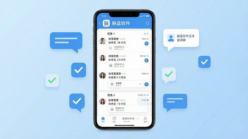 一张展示脉蓝软件主界面的手机屏幕截图,画面中央是手机竖屏,屏幕内显示脉蓝App的聊天列表与任务卡片布局,顶部有脉蓝Logo和名称,背景为浅蓝色渐变,周围点缀几个悬浮的对话气泡与勾选图标,风格简洁商务,细节清晰,画质干净,无多余元素