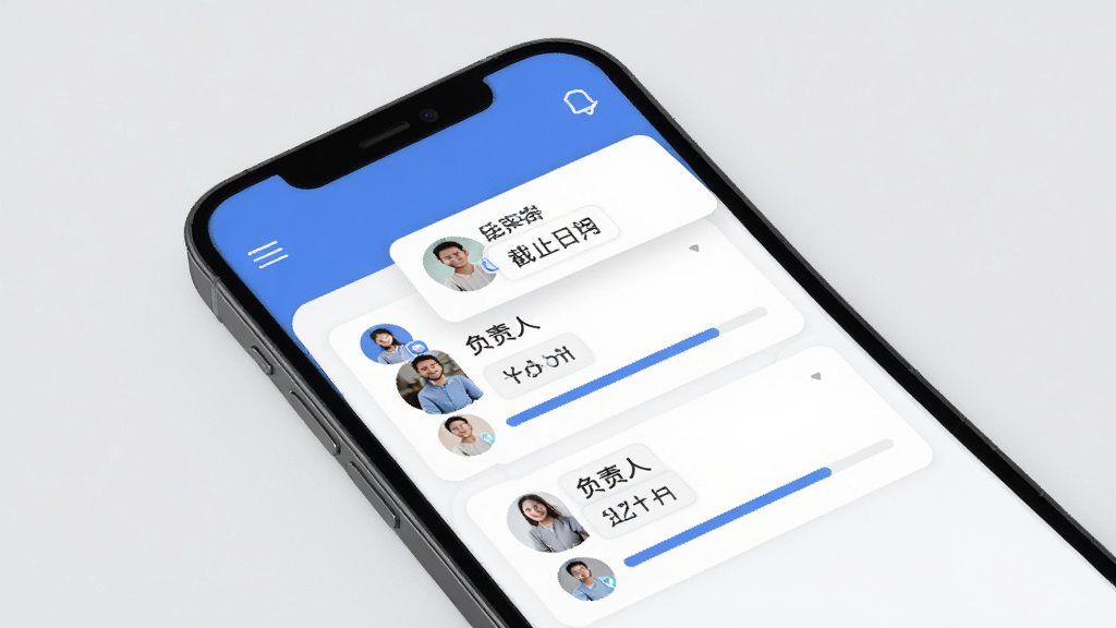 脉蓝任务看板界面展示图,画面中手机屏幕显示三列任务卡片,卡片上有负责人头像、截止日期标签和进度条,背景为浅灰色,风格简洁高效,画质清晰,无多余元素