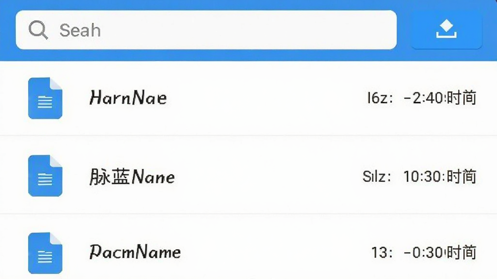 脉蓝云盘文件管理界面截图,手机屏幕中显示文件列表,包含文档图标、文件名称、大小和修改时间,顶部有搜索框和上传按钮,风格干净整齐,画质清晰,无多余元素