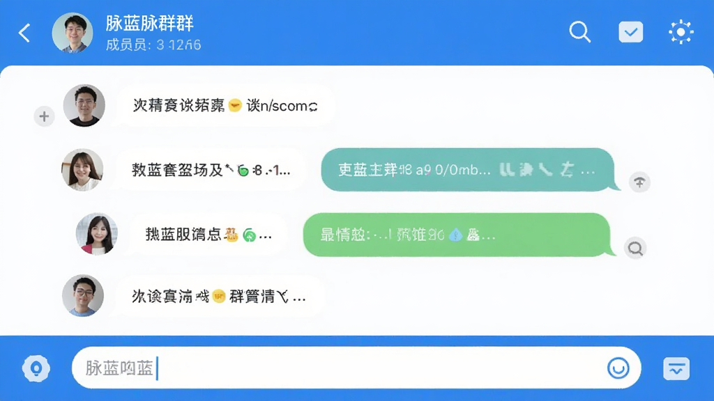 脉蓝App群聊界面截图,画面中显示多个用户头像与对话气泡,顶部有群名称和成员数量,底部输入框清晰可见,整体布局为手机竖屏,风格清爽现代,画质干净,无多余元素