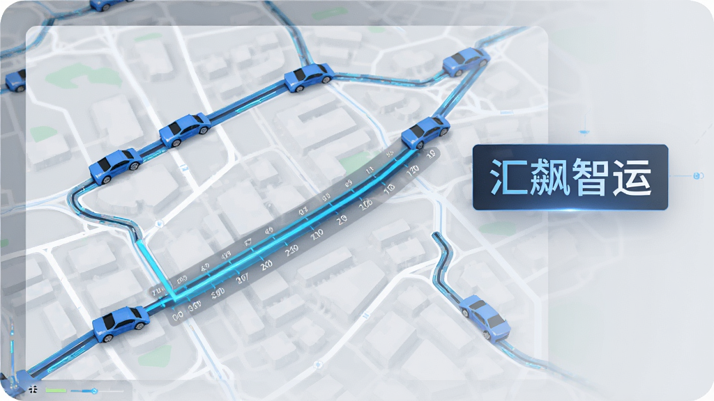 画面展示一张电子地图界面,地图上有多个蓝色车辆图标沿不同路线移动,其中一条路线用高亮线条标注并带有时间轴,地图右侧悬浮“汇飙智运”字样,背景为干净的浅灰色,整体风格为商务科技感,细节清晰,画质干净,无多余元素