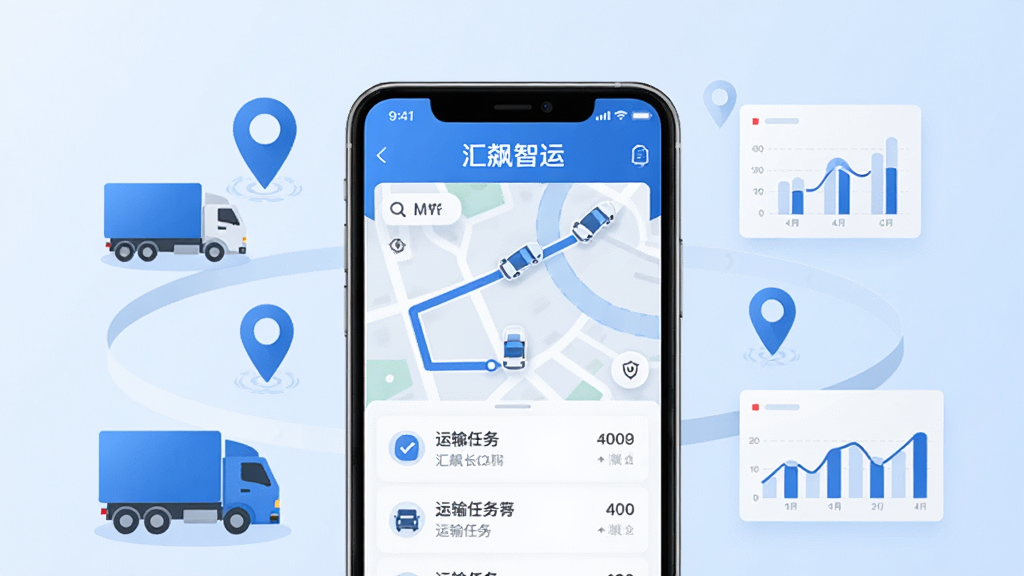 画面中央是一部智能手机,屏幕上显示“汇飙智运”应用主界面,界面中包含地图轨迹、车辆图标和运输任务列表,背景是简洁的浅蓝色渐变,周围环绕货车、定位标记、数据图表等元素,整体风格为现代扁平化科技风,色彩以蓝白为主,画面干净整洁,高清画质,无多余装饰元素