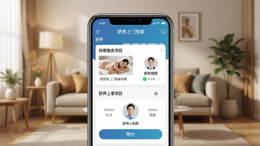 一张展示舒养上门按摩应用界面的手机样机图,画面中央是一部智能手机,屏幕上显示舒养上门按摩APP的首页,包含按摩服务项目列表、技师头像和预约按钮,背景是温馨的家庭客厅环境,布局采用居中对称排版,风格为现代简约科技感,细节上手机边框有光泽反射,屏幕内文字清晰可见“舒养上门按摩”字样,画质高清,干净无多余元素