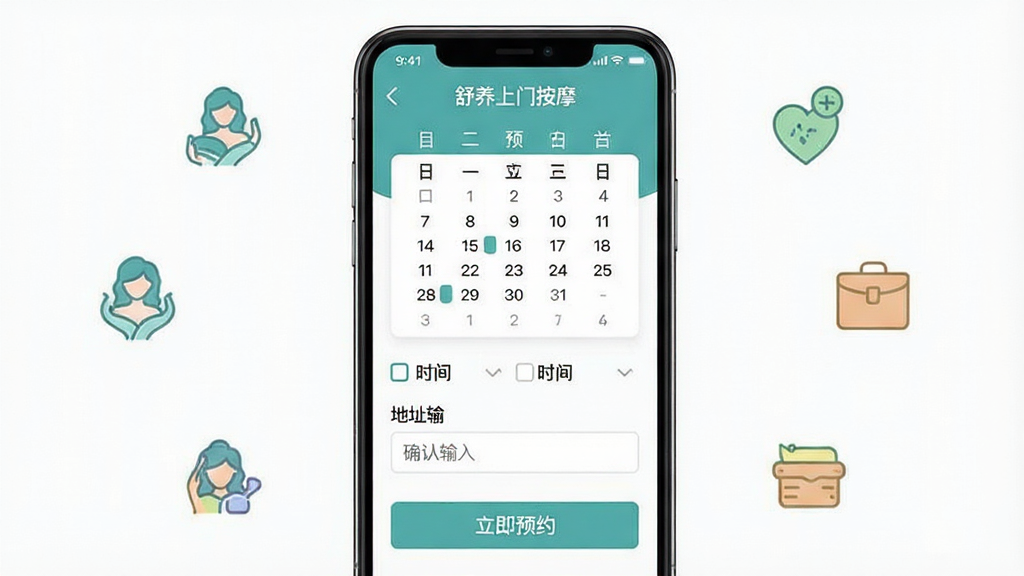 一张展示舒养上门按摩APP预约界面的手机截图风格图,画面中手机屏幕显示预约流程界面,包含日历选择、时间选项、地址输入框和确认预约按钮,周围环绕着简洁的图标元素,布局为居中展示,风格为扁平化UI设计,细节上界面文字清晰显示“舒养上门按摩”和“立即预约”字样,画质高清,干净无多余元素