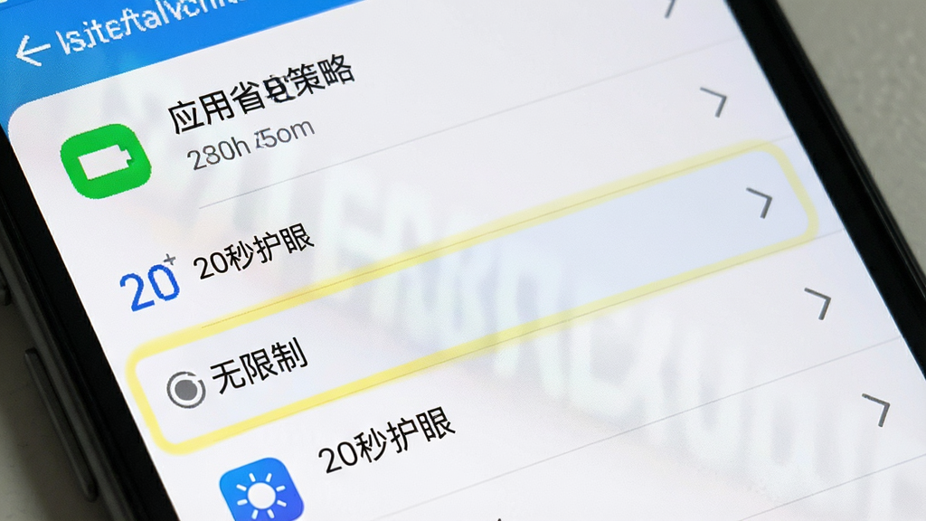 一张展示手机后台管理界面的图片,主体是手机屏幕显示的应用省电策略设置页面,高亮标注了“无限制”选项,布局为系统设置菜单截图风格,细节上包含电池图标和“20秒护眼”应用名称,画质清晰,画面干净,无多余元素