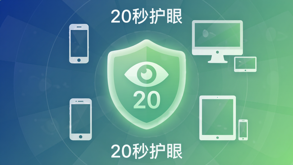 软件核心全貌概览图,画面中央是一个柔和的绿色盾牌形图标,图标内部包含一只抽象的眼睛和数字20,周围环绕着手机、电脑显示器、平板等设备的轮廓,背景是从深蓝到浅绿的渐变色调,象征从疲劳到放松的过渡,布局采用居中对称的放射状结构,风格为现代扁平化科技感,细节上图标带有轻微的发光边缘,设备轮廓以简洁线条勾勒,画质清晰,画面干净,无多余元素,文字标注“20秒护眼”