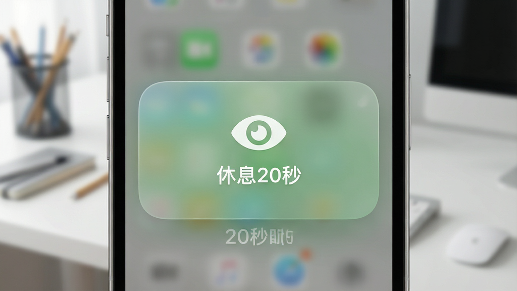 一张展示手机屏幕弹出柔和提醒界面的图片,主体是一部现代智能手机,屏幕上显示一个半透明的绿色遮罩层,遮罩中央是一个简洁的眼睛图标和文字“休息20秒”,背景是模糊的办公桌面,布局为手机特写居中,风格为清新简约UI设计,细节上遮罩层带有轻微的毛玻璃效果,图标线条圆润,画质细腻,画面干净,无多余元素,文字清晰显示“20秒护眼”