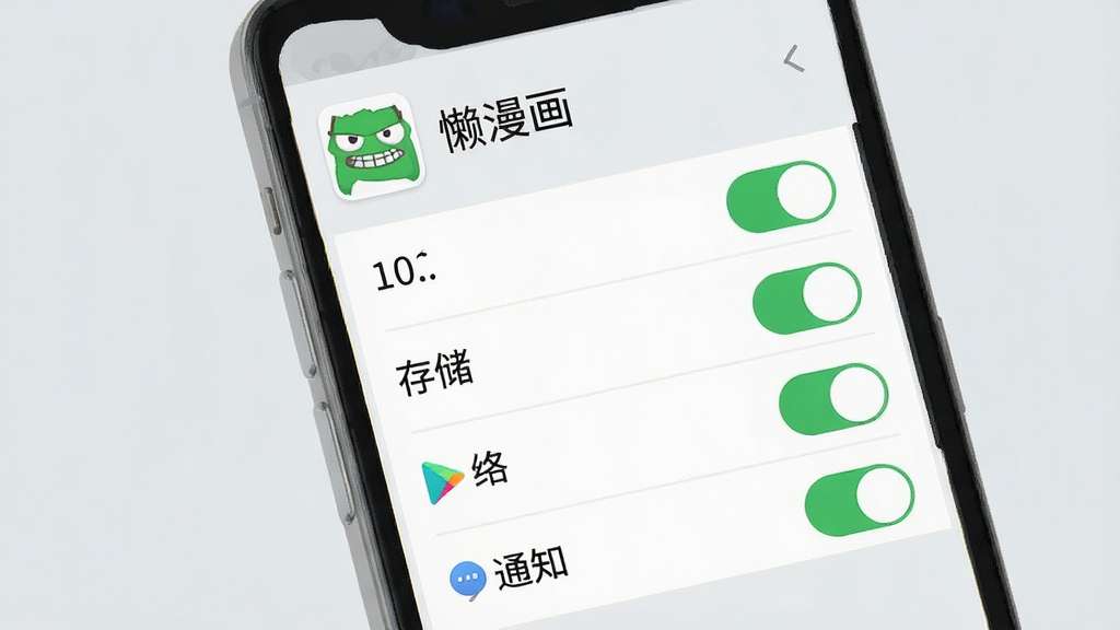 一张展示手机应用权限设置界面的示意图,画面中手机屏幕显示“懒漫画”应用的权限管理页面,包含存储、网络、通知等权限开关,部分开关呈开启状态,背景为浅灰色,风格为扁平化UI设计,细节清晰,画质干净,无多余元素
