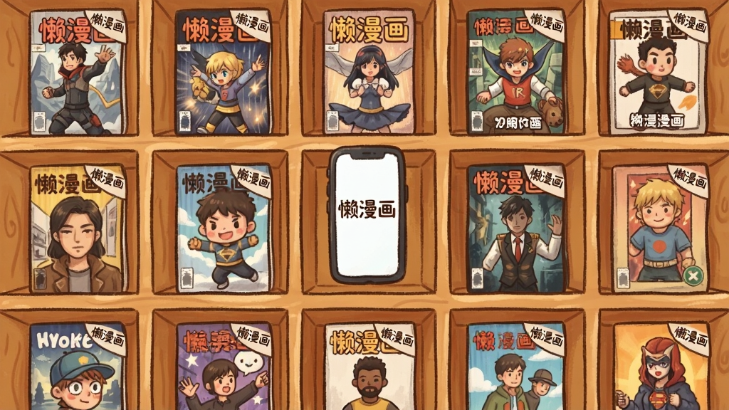 一张展示漫画书架上摆满各种漫画封面的数字插画,书架呈网格状排列,每个格子内放置不同风格的漫画封面,部分封面带有“懒漫画”角标,画面中央有一部手机悬浮,屏幕显示“懒漫画”字样,背景是温馨的木质书架纹理,风格为清新手绘风,色彩明亮,画质干净,无多余元素