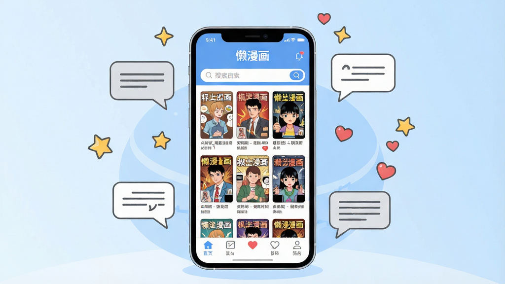 一幅展示手机漫画阅读应用的场景插画,画面中央是一部竖屏智能手机,屏幕上显示着“懒漫画”应用的首页界面,包含漫画封面网格、搜索栏和底部导航栏,手机周围环绕着漂浮的漫画对话框、星星和爱心元素,背景是柔和的浅蓝色渐变,风格为扁平化插画,细节清晰,画质干净,无多余元素