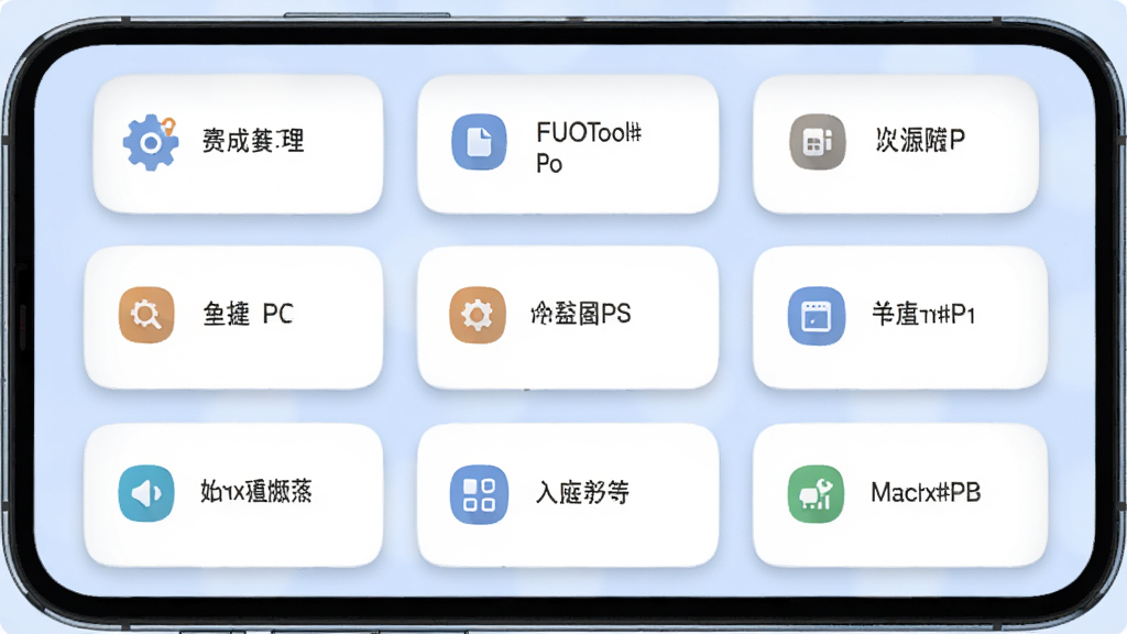 FUOToolPro 多功能工具集成界面,画面展示手机屏幕内多个功能卡片整齐排列,卡片上有简洁图标和文字标签,背景为柔和浅蓝色,风格扁平化,细节包括卡片圆角和轻微投影,画质清晰,干净,无多余元素
