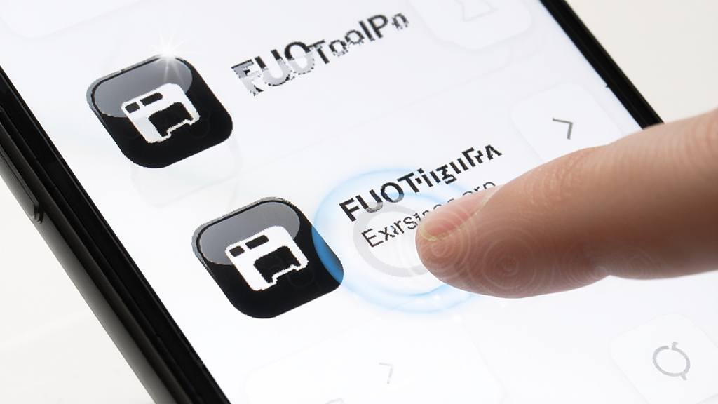 FUOToolPro 操作界面特写,画面展示手机屏幕上大图标与文字说明并排布局,手指轻触屏幕,背景为白色简洁风格,细节包括图标高光和触控反馈效果,画质清晰,干净,无多余元素