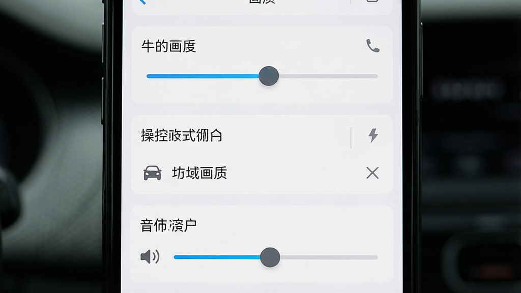 一张展示手机屏幕上汽车城市驾驶设置菜单的图片,画面中可以看到画质调节滑块、操控方式选项和音量控制条。布局为竖向列表,主体是中央的画质设置区域。风格为简洁UI截图风格,细节包括滑块颜色和选项图标。画质清晰,干净无多余元素,画面中不出现任何文字。
