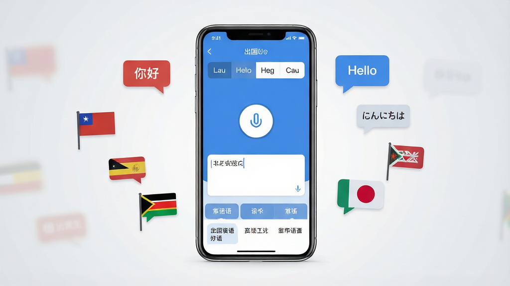 一张展示出国翻译官手机应用主界面的图片,画面中央是一部竖屏智能手机,屏幕内显示蓝白色调的翻译软件界面,顶部有语言选择栏,中间是语音输入按钮和文字输入框,底部有常用短语快捷入口。背景为简洁的浅灰色渐变,手机周围漂浮着多个国家的国旗小图标和对话气泡,气泡内写着“你好”“Hello”“こんにちは”等文字。整体风格清爽现代,扁平化设计,光线柔和,画质清晰干净,无多余装饰元素。