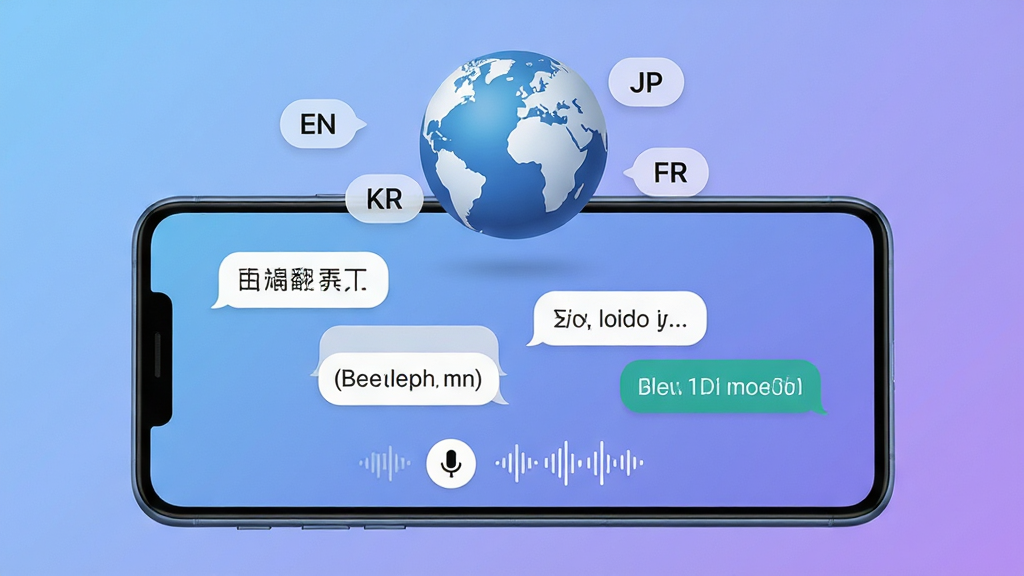 画面主体是一部安卓手机横屏放置,屏幕内展示出国翻译官的对话翻译界面,左右两侧分别显示中文和英文的对话气泡,气泡交替排列。手机上方悬浮着地球仪和多个语言标签“EN”“JP”“KR”“FR”,下方有麦克风图标和声波纹理。背景为柔和的蓝紫渐变,风格科技感与亲和力兼具,画质高清,构图居中,干净无杂乱元素。