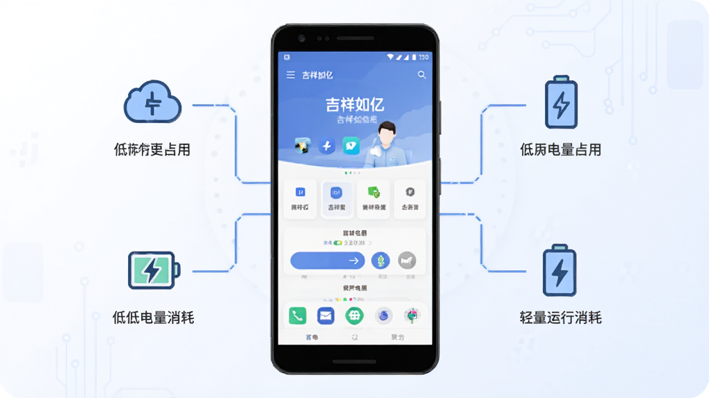 吉祥如亿轻量运行示意图,画面主体为一部安卓手机,手机屏幕显示吉祥如亿应用运行流畅的界面,手机周围以简洁的线条和图标表现低内存占用、低电量消耗的概念,背景为干净的浅色渐变,风格科技简约,排版居中,细节清晰,画质干净,无多余元素。